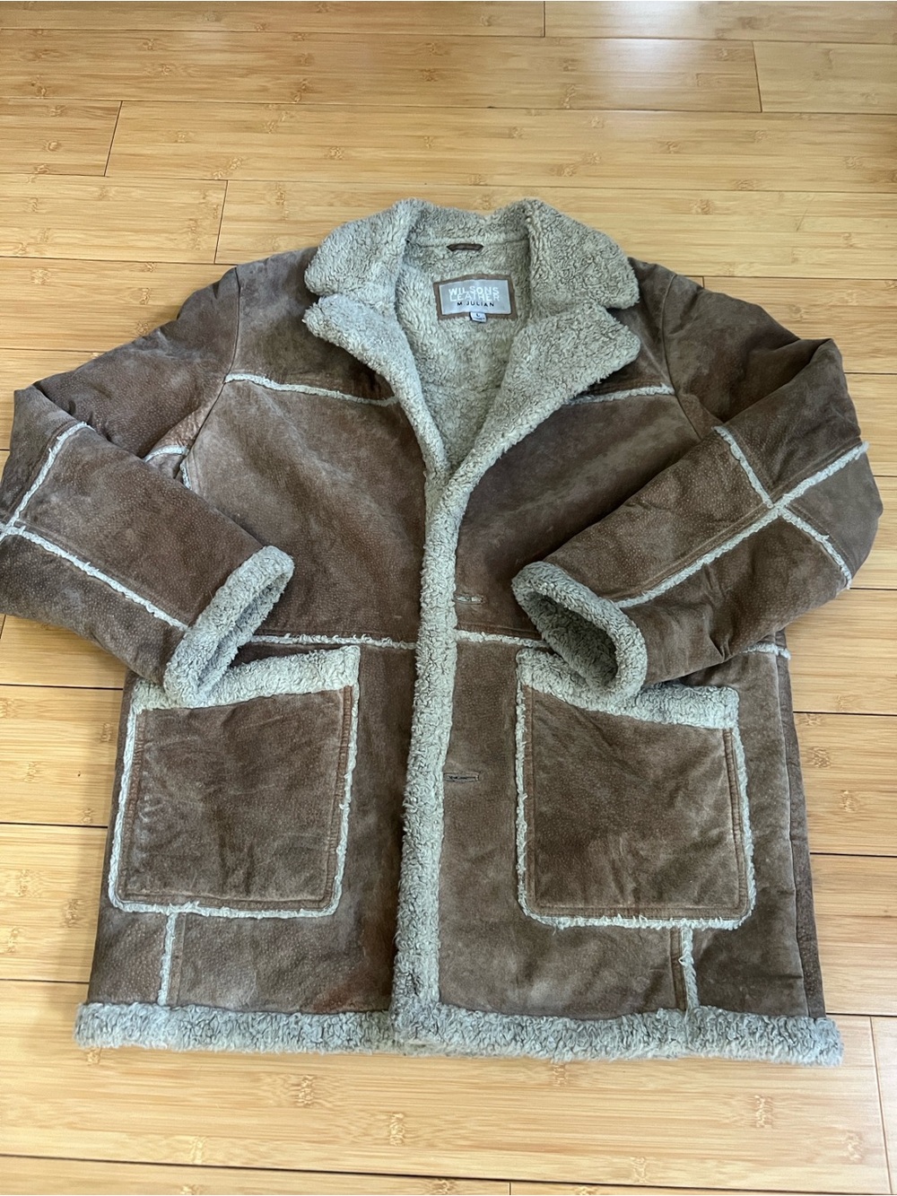Wilsons Leather Brown Shearling-Trim Coat Large